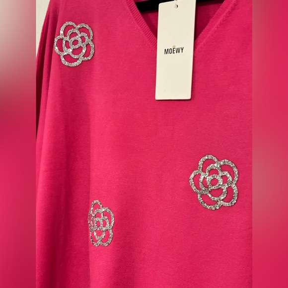 MOEWY Hot Pink Silver Floral Embellished Sweater Size “Taille Unique” (One Size) - Picture 4 of 4